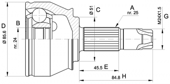 Drivknut Alfa Romeo Citroen Fiat Lancia Peugeot Abarth fram yttre